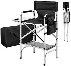 VINGLI 31" Tall Director's Chair for Makeup Artist, Aluminum Portable Makeup Chair with Retractable Side Table & Footrest,Supports 300 lbs, Foldable Makeup Chair for Studio, Silver & Black VINGLI 31" Tall Director's Chair for Makeup Artist, Aluminum Portable Makeup Chair with Retractable Side Table & Footrest,Supports 300 lbs, Foldable Makeup Chair for Studio, Silver & Black