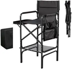 VINGLI 31" Tall Director's Chair for Makeup Artist, Aluminum Portable Makeup Chair with Retractable Side Table & Footrest,Supports 300 lbs, Foldable Makeup Chair for Studio, Black & Black VINGLI 31" Tall Director's Chair for Makeup Artist, Aluminum Portable Makeup Chair with Retractable Side Table & Footrest,Supports 300 lbs, Foldable Makeup Chair for Studio, Black & Black