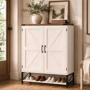 VINGLI Farmhouse Shoe Cabinet for Entryway, 32" Antique White Shoe Storage Cabinet with 2 Barn Doors, Large Capacity Shoe Organizer with Adjustable Shelves for Foyer, Bedroom, Closet VINGLI Farmhouse Shoe Cabinet for Entryway, 32" Antique White Shoe Storage Cabinet with 2 Barn Doors, Large Capacity Shoe Organizer with Adjustable Shelves for Foyer, Bedroom, Closet