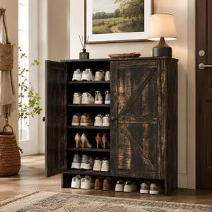 VINGLI Shoe Cabinet with Doors,5 Tier Dark Rustic Oak Wooden Shoe Storage Cabinet for Entryway with Double Barn Doors, Adjustable Shelves, 36.4" Tall Farmhouse Shoe Rack Organizer for Entryway VINGLI Shoe Cabinet with Doors,5 Tier Dark Rustic Oak Wooden Shoe Storage Cabinet for Entryway with Double Barn Doors, Adjustable Shelves, 36.4" Tall Farmhouse Shoe Rack Organizer for Entryway