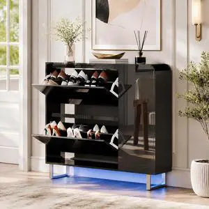 VINGLI Black Shoe Cabinet with LED Lights, Narrow Shoe Storage Organizer with 2 Flip Drawers & Side Cabinet for Tall Boots, Slim Entryway Hidden Shoe Rack Space Saving, Modern High Gloss, 42" VINGLI Black Shoe Cabinet with LED Lights, Narrow Shoe Storage Organizer with 2 Flip Drawers & Side Cabinet for Tall Boots, Slim Entryway Hidden Shoe Rack Space Saving, Modern High Gloss, 42"