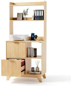 VINGLI Tall 2 Drawer File Cabinet with Adjustable Shelves, Home Office Filing Organizer for Letter Size File Folder Storage, Fluted Design, Wood Filing Cabinet with Socket, Printer Stand (Oak) VINGLI Tall 2 Drawer File Cabinet with Adjustable Shelves, Home Office Filing Organizer for Letter Size File Folder Storage, Fluted Design, Wood Filing Cabinet with Socket, Printer Stand (Oak)