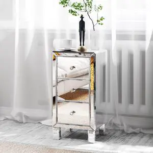 Bonnlo 3-Drawer Mirrored Nightstand End Table Bedside Table for Bedroom, Living Room, Silver, 11.7" L x 11.8" W x 23.8" H Bonnlo 3-Drawer Mirrored Nightstand End Table Bedside Table for Bedroom, Living Room, Silver, 11.7" L x 11.8" W x 23.8" H
