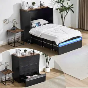 VINGLI Twin Size Murphy Bed with LED Lights, Storage Drawer & Built-in Charging Station, Space-Saving Cabinet Bed for Kids,Adults & Guests,Classic Black VINGLI Twin Size Murphy Bed with LED Lights, Storage Drawer & Built-in Charging Station, Space-Saving Cabinet Bed for Kids,Adults & Guests,Classic Black
