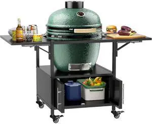 Kamado Charcoal Grill, Portable Egg-Shaped BBQ Cart Prep Table with Folding Side Desktop & Storage Cabinet, Outdoor Cooking Grill on Wheels with Brakes for Backyard Patio Camping Tailgating (Black) Kamado Charcoal Grill, Portable Egg-Shaped BBQ Cart Prep Table with Folding Side Desktop & Storage Cabinet, Outdoor Cooking Grill on Wheels with Brakes for Backyard Patio Camping Tailgating (Black)