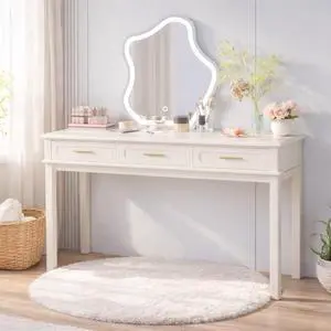 Modern Vanity Desk Makeup Dressing Table w/3 Drawers &Spacious Tabletop for Girls, Solid Wood Writing Desk Workstation w/Ample Leg Room for Bedroom,No Mirror Included,Cream White (Vanity Table) Modern Vanity Desk Makeup Dressing Table w/3 Drawers &Spacious Tabletop for Girls, Solid Wood Writing Desk Workstation w/Ample Leg Room for Bedroom,No Mirror Included,Cream White (Vanity Table)