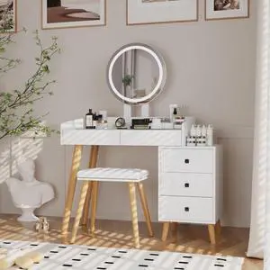 Freestanding Vanity Desk Set with Drawers & Storage Shelves for Bedroom, Modern Makeup Vanity Table with Large Mirror and 3 Adjustable Brightness LED Bulbs for Girl's Gift, White (White5) Freestanding Vanity Desk Set with Drawers & Storage Shelves for Bedroom, Modern Makeup Vanity Table with Large Mirror and 3 Adjustable Brightness LED Bulbs for Girl's Gift, White (White5)