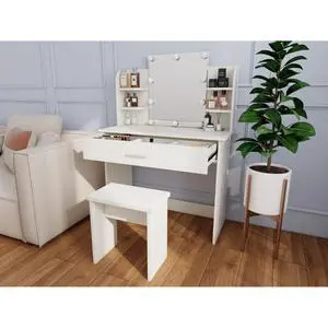 Freestanding Vanity Desk Set with Drawers & Storage Shelves for Bedroom, Modern Makeup Vanity Table with Large Mirror and 3 Adjustable Brightness LED Bulbs for Girl's Gift, White (White4) Freestanding Vanity Desk Set with Drawers & Storage Shelves for Bedroom, Modern Makeup Vanity Table with Large Mirror and 3 Adjustable Brightness LED Bulbs for Girl's Gift, White (White4)
