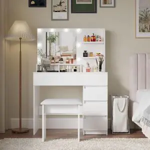 Freestanding Vanity Desk Set with Drawers & Storage Shelves for Bedroom, Modern Makeup Vanity Table with Large Mirror and 3 Adjustable Brightness LED Bulbs for Girl's Gift, White (White3) Freestanding Vanity Desk Set with Drawers & Storage Shelves for Bedroom, Modern Makeup Vanity Table with Large Mirror and 3 Adjustable Brightness LED Bulbs for Girl's Gift, White (White3)