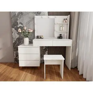 Freestanding Vanity Desk Set with Drawers & Storage Shelves for Bedroom, Modern Makeup Vanity Table with Large Mirror and 3 Adjustable Brightness LED Bulbs for Girl's Gift, White (White6) Freestanding Vanity Desk Set with Drawers & Storage Shelves for Bedroom, Modern Makeup Vanity Table with Large Mirror and 3 Adjustable Brightness LED Bulbs for Girl's Gift, White (White6)