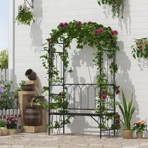 Metal Trellis Arbor Arch with 2-Person Bench for Climbing Plants, Flowers, Vines, Outdoor Archway Trellis with Epoxy-Coated Steel Tubing and Ground Stakes for Backyard, Park Metal Trellis Arbor Arch with 2-Person Bench for Climbing Plants, Flowers, Vines, Outdoor Archway Trellis with Epoxy-Coated Steel Tubing and Ground Stakes for Backyard, Park