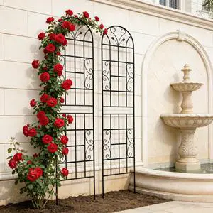 Metal Garden Trellis with Leaf Deco and Iron Frame for Growing Flowers, Plants, Outdoor Sturdy Plant Trellis with Ground Stakes for Backyard, Lawn, Park, Poolside (2 Pack) Metal Garden Trellis with Leaf Deco and Iron Frame for Growing Flowers, Plants, Outdoor Sturdy Plant Trellis with Ground Stakes for Backyard, Lawn, Park, Poolside (2 Pack)