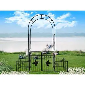 Metal Garden Arch with Doors and Birds & Leaf Pattern for Backyard, Lawn, Outdoor Archway with Planter Box and Iron Frame for Growing Flowers, Plants, Vegetables Metal Garden Arch with Doors and Birds & Leaf Pattern for Backyard, Lawn, Outdoor Archway with Planter Box and Iron Frame for Growing Flowers, Plants, Vegetables