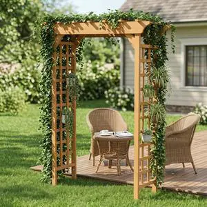 Wooden Garden Arbor with Fir Wood Frame and Pergola-Style Top for Wedding, Party, Ceremony, Outdoor Archway Trellis with Ground Stakes for Backyard, Lawn, Park, Poolside (Light Brown) Wooden Garden Arbor with Fir Wood Frame and Pergola-Style Top for Wedding, Party, Ceremony, Outdoor Archway Trellis with Ground Stakes for Backyard, Lawn, Park, Poolside (Light Brown)