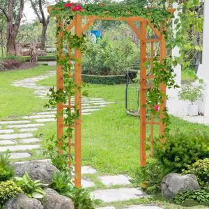 Orange Wooden Garden Arbor with Fir Wood Frame for Wedding and Ceremony, Outdoor Elegant Garden Arch Trellis with Pergola Style for Growing Flowers, Plants, Vines Orange Wooden Garden Arbor with Fir Wood Frame for Wedding and Ceremony, Outdoor Elegant Garden Arch Trellis with Pergola Style for Growing Flowers, Plants, Vines