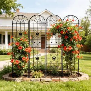 Metal Garden Trellis with Yellow Butterfly Pattern and Galvanized Round Pipe for Growing Flowers, Vines, Outdoor Flower Support with Iron Frame for Backyard, Garden, Lawn (4 Pack-Black) Metal Garden Trellis with Yellow Butterfly Pattern and Galvanized Round Pipe for Growing Flowers, Vines, Outdoor Flower Support with Iron Frame for Backyard, Garden, Lawn (4 Pack-Black)