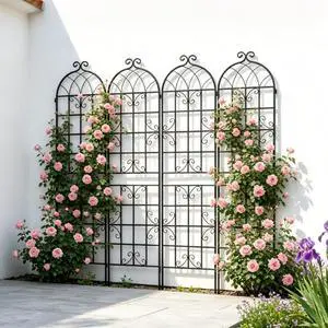 4 Pack Metal Garden Trellis with Metal Galvanized Tube for Growing Flowers, Plants, Vines, Outdoor Arched Grid Trellis Panels with Elegant Design for Backyard, Porch (Black) 4 Pack Metal Garden Trellis with Metal Galvanized Tube for Growing Flowers, Plants, Vines, Outdoor Arched Grid Trellis Panels with Elegant Design for Backyard, Porch (Black)