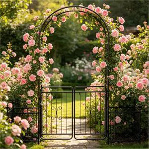 Lawn Archway with Two Planter Boxes and Double-Door Gate for Growing Flowers, Plants, Outdoor Metal Arch Trellis with Delicate Lines Design and Top Horizontal Bars for Wedding, Party Lawn Archway with Two Planter Boxes and Double-Door Gate for Growing Flowers, Plants, Outdoor Metal Arch Trellis with Delicate Lines Design and Top Horizontal Bars for Wedding, Party