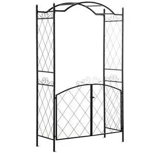 Garden Arch Arbor with Double-Door Gate and Wire Patterns for Growing Flowers, Plants, Outdoor Archway with Top Horizontal Bars for Backyard, Lawn, Poolside Garden Arch Arbor with Double-Door Gate and Wire Patterns for Growing Flowers, Plants, Outdoor Archway with Top Horizontal Bars for Backyard, Lawn, Poolside