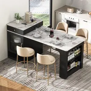 Kitchen Island with Extendable Dining Table, Kitchen Storage Table with Double-Sided Storage, Kitchen Island with 2 Drawers, Side Open Shelves, Suitable for Kitchen (Black) Kitchen Island with Extendable Dining Table, Kitchen Storage Table with Double-Sided Storage, Kitchen Island with 2 Drawers, Side Open Shelves, Suitable for Kitchen (Black)