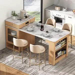 Kitchen Island with Extendable Dining Table, Kitchen Storage Table with Double-Sided Storage, Kitchen Island with 2 Drawers, Side Open Shelves, Suitable for Kitchen (Natural) Kitchen Island with Extendable Dining Table, Kitchen Storage Table with Double-Sided Storage, Kitchen Island with 2 Drawers, Side Open Shelves, Suitable for Kitchen (Natural)