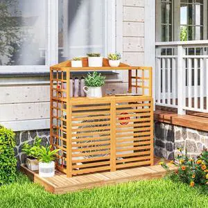 Dual-Purpose AC Unit Fence with Built-in Potting Shelves for Outdoor Condenser Hiding, Decorative Privacy Screen with Slatted Ventilation for Backyard Patio & Garden Organization Dual-Purpose AC Unit Fence with Built-in Potting Shelves for Outdoor Condenser Hiding, Decorative Privacy Screen with Slatted Ventilation for Backyard Patio & Garden Organization