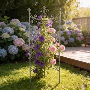 Garden Fence with Rustic Style and Three Ground Stakes for Growing Flowers, Plants, Vines, Outdoor Decorative Fence Pannels Anti Animal Barrier with Iron Frame for Backyard, Lawn Garden Fence with Rustic Style and Three Ground Stakes for Growing Flowers, Plants, Vines, Outdoor Decorative Fence Pannels Anti Animal Barrier with Iron Frame for Backyard, Lawn
