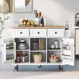 Kitchen Cart with Rubber Wood Drop-Leaf Countertop,Cabinet Door Internal Storage Racks,Kitchen Island on 5 Wheels with Storage Cabinet and 3 Drawers for Dinning Room (White) Kitchen Cart with Rubber Wood Drop-Leaf Countertop,Cabinet Door Internal Storage Racks,Kitchen Island on 5 Wheels with Storage Cabinet and 3 Drawers for Dinning Room (White)