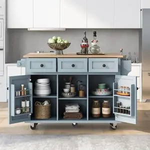 Kitchen Cart with Rubber Wood Drop-Leaf Countertop,Cabinet Door Internal Storage Racks,Kitchen Island on 5 Wheels with Storage Cabinet and 3 Drawers for Dinning Room (Blue) Kitchen Cart with Rubber Wood Drop-Leaf Countertop,Cabinet Door Internal Storage Racks,Kitchen Island on 5 Wheels with Storage Cabinet and 3 Drawers for Dinning Room (Blue)