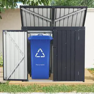 Metal Outdoor Bin Shed Galvanized Steel Tool Shed with 2 Lockable Door, 2 Chains &Sloped Roof for Garbage Cans, 5x3FT Heavy Duty Trash Cans Storage w/Support Rods,Ideal for 2 Trash Bins and Garden Use Metal Outdoor Bin Shed Galvanized Steel Tool Shed with 2 Lockable Door, 2 Chains &Sloped Roof for Garbage Cans, 5x3FT Heavy Duty Trash Cans Storage w/Support Rods,Ideal for 2 Trash Bins and Garden Use