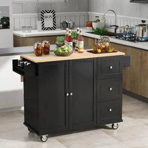Kitchen Island with Storage & Drop Leaf, Rolling Kitchen Island Cart on Wheels with 3 Drawers, Adjustable Shelf, Spice & Towel Rack, Island Table for Small Kitchen & Dining Room (Black) Kitchen Island with Storage & Drop Leaf, Rolling Kitchen Island Cart on Wheels with 3 Drawers, Adjustable Shelf, Spice & Towel Rack, Island Table for Small Kitchen & Dining Room (Black)