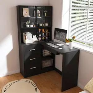 Ergonomic L-Shaped Design Housheold Glass Cabinet Computer Desk with LED Lights, USB Ports & Keyboard Tray for Home Offices and Corporate Spaces (Black) Ergonomic L-Shaped Design Housheold Glass Cabinet Computer Desk with LED Lights, USB Ports & Keyboard Tray for Home Offices and Corporate Spaces (Black)