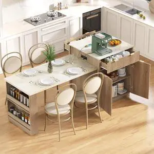 Kitchen Island Solid Wood Food Prep Table w/Extendable Table,Fluted Cabinet &Faux Marble Top for Dining Room,Multi-functional Breakfast Bar Table w/USB,Sockets & Open Storage Shelves for 4-6 (Natural) Kitchen Island Solid Wood Food Prep Table w/Extendable Table,Fluted Cabinet &Faux Marble Top for Dining Room,Multi-functional Breakfast Bar Table w/USB,Sockets & Open Storage Shelves for 4-6 (Natural)