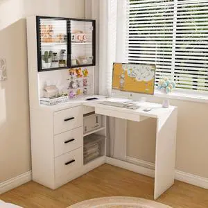 Ergonomic L-Shaped Design Housheold Glass Cabinet Computer Desk with LED Lights, USB Ports & Keyboard Tray for Home Offices and Corporate Spaces (White) Ergonomic L-Shaped Design Housheold Glass Cabinet Computer Desk with LED Lights, USB Ports & Keyboard Tray for Home Offices and Corporate Spaces (White)