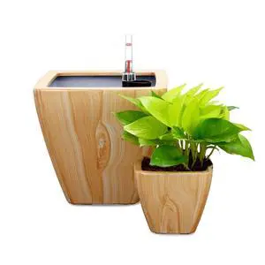 2 Pieces Planter Pot with Wood-Like Surface and Self-Watering System for Backyard, Outdoor Flower Planter with Drainage Plug and Classic Textured Design for Flowers, Plants (Light Brown) 2 Pieces Planter Pot with Wood-Like Surface and Self-Watering System for Backyard, Outdoor Flower Planter with Drainage Plug and Classic Textured Design for Flowers, Plants (Light Brown)