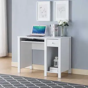 39" W Home Office Compact Writing Desk with One Drawer and Keyboard Tray, Modern White Student PC Laptop Desk with Wooden Knob Handle 39" W Home Office Compact Writing Desk with One Drawer and Keyboard Tray, Modern White Student PC Laptop Desk with Wooden Knob Handle