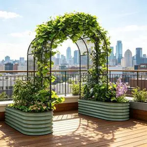 Metal Raised Garden Beds Set with Arch Trellis and Climbing Net for Growing Plants, Flowers, Outdoor Spacious 3 in 1 Planter with Powder-Coated Steel Pipes for Backyard Metal Raised Garden Beds Set with Arch Trellis and Climbing Net for Growing Plants, Flowers, Outdoor Spacious 3 in 1 Planter with Powder-Coated Steel Pipes for Backyard