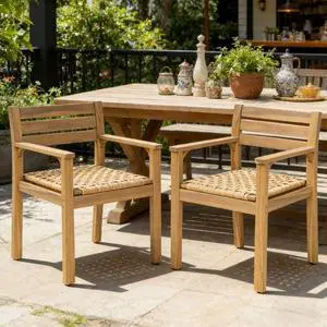 Rustic Acacia Wood Patio Accent Armchairs w/Woven PE Wicker Seat for Balcony, All Weather Outdoor Dining Chairs w/Solid Wood Frame & Slatted Backrest for Garden, Porch, Set of 2 Rustic Acacia Wood Patio Accent Armchairs w/Woven PE Wicker Seat for Balcony, All Weather Outdoor Dining Chairs w/Solid Wood Frame & Slatted Backrest for Garden, Porch, Set of 2