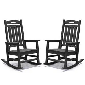 Oversized HDPE Patio Rocking Chairs w/High Backrest & Rounded Armrests for Garden, All Weather Outdoor Porch Rocker w/Slatted Frame & Ergonomic Design for Deck, Poolside, Set of 2 (Black) Oversized HDPE Patio Rocking Chairs w/High Backrest & Rounded Armrests for Garden, All Weather Outdoor Porch Rocker w/Slatted Frame & Ergonomic Design for Deck, Poolside, Set of 2 (Black)