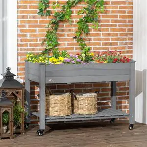 Raised Garden Bed with Bottom Storage Shelf and 4 Wheels for Backyard, Lawn, Yard, Outdoor Planter Box with Drainage Holes and Solid Wood Frame for Growing Flowers, Herbs Raised Garden Bed with Bottom Storage Shelf and 4 Wheels for Backyard, Lawn, Yard, Outdoor Planter Box with Drainage Holes and Solid Wood Frame for Growing Flowers, Herbs