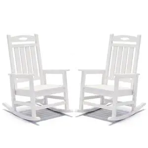 Oversized HDPE Patio Rocking Chairs w/High Backrest & Rounded Armrests for Garden, All Weather Outdoor Porch Rocker w/Slatted Frame & Ergonomic Design for Deck, Poolside, Set of 2 (White) Oversized HDPE Patio Rocking Chairs w/High Backrest & Rounded Armrests for Garden, All Weather Outdoor Porch Rocker w/Slatted Frame & Ergonomic Design for Deck, Poolside, Set of 2 (White)