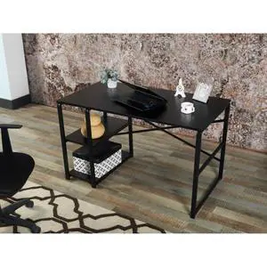 Metal Frame Computer Desk with 47" Wooden Tabletop and 2 Shelves, Solid Wood Writing Desk Ideal for Home Office, Bedroom, or Study Room (Black) Metal Frame Computer Desk with 47" Wooden Tabletop and 2 Shelves, Solid Wood Writing Desk Ideal for Home Office, Bedroom, or Study Room (Black)