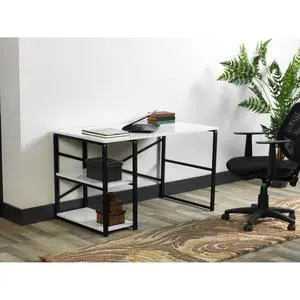 Metal Frame Computer Desk with 47" Wooden Tabletop and 2 Shelves, Solid Wood Writing Desk Ideal for Home Office, Bedroom, or Study Room (Black-2) Metal Frame Computer Desk with 47" Wooden Tabletop and 2 Shelves, Solid Wood Writing Desk Ideal for Home Office, Bedroom, or Study Room (Black-2)