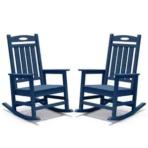 Oversized HDPE Patio Rocking Chairs w/High Backrest & Rounded Armrests for Garden, All Weather Outdoor Porch Rocker w/Slatted Frame & Ergonomic Design for Deck, Poolside, Set of 2 (Dark Blue) Oversized HDPE Patio Rocking Chairs w/High Backrest & Rounded Armrests for Garden, All Weather Outdoor Porch Rocker w/Slatted Frame & Ergonomic Design for Deck, Poolside, Set of 2 (Dark Blue)