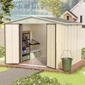 Outdoor Storage Sheds with Lockable Sliding Door and Aluminum Alloy Frame for Backyard, Lawn, Garden Tool Storage House with Two Sloped Sides Roof for Patio, Porch (10x8 FT White Garden Shed) Outdoor Storage Sheds with Lockable Sliding Door and Aluminum Alloy Frame for Backyard, Lawn, Garden Tool Storage House with Two Sloped Sides Roof for Patio, Porch (10x8 FT White Garden Shed)