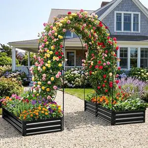 Raised Garden Bed with Arch Trellis and Open Bottom Design for Growing Flowers, Vegetables, Outdoor Metal Planters with Iron Frame for Backyard, Lawn, Poolside Raised Garden Bed with Arch Trellis and Open Bottom Design for Growing Flowers, Vegetables, Outdoor Metal Planters with Iron Frame for Backyard, Lawn, Poolside