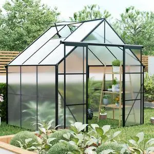 Plant Green House with Double Door and Drainage Gutter System for Backyard, Lawn, Outdoor Plant Tent with Adjustable Roof and Thick Polycarbonate Board for Growing Flowers, Vegetables (Black 8*6FT) Plant Green House with Double Door and Drainage Gutter System for Backyard, Lawn, Outdoor Plant Tent with Adjustable Roof and Thick Polycarbonate Board for Growing Flowers, Vegetables (Black 8*6FT)