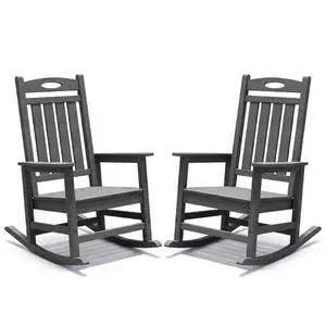 Oversized HDPE Patio Rocking Chairs w/High Backrest & Rounded Armrests for Garden, All Weather Outdoor Porch Rocker w/Slatted Frame & Ergonomic Design for Deck, Poolside, Set of 2 (Grey) Oversized HDPE Patio Rocking Chairs w/High Backrest & Rounded Armrests for Garden, All Weather Outdoor Porch Rocker w/Slatted Frame & Ergonomic Design for Deck, Poolside, Set of 2 (Grey)