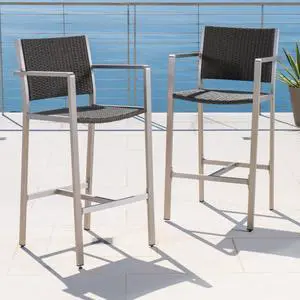 Stylish Outdoor Bar Height Pub Chairs w/Sturdy Metal Frame & Footrest for Poolside, Contemporary Aluminum Patio Bar Stools w/PE Rattan Back & Seat for Garden, Deck, Porch, Set of 2 Stylish Outdoor Bar Height Pub Chairs w/Sturdy Metal Frame & Footrest for Poolside, Contemporary Aluminum Patio Bar Stools w/PE Rattan Back & Seat for Garden, Deck, Porch, Set of 2