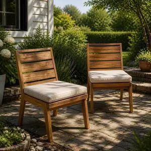 Sleek Acacia Wood Patio Dining Chairs w/Removable Cushions for Garden, Modern Outdoor Seating Chairs w/Solid Wood Slatted Frame & Ergonomic Backrest for Porch, Deck, Set of 2 (Armless Chairs) Sleek Acacia Wood Patio Dining Chairs w/Removable Cushions for Garden, Modern Outdoor Seating Chairs w/Solid Wood Slatted Frame & Ergonomic Backrest for Porch, Deck, Set of 2 (Armless Chairs)